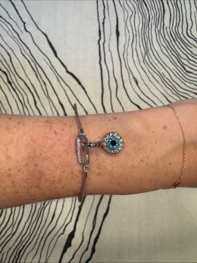 Swarovski Crystal Blue Evil Eye Detachable Charm on Blush Leather Bracelet